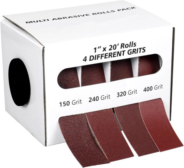 Emery Cloth Roll,4 Grits 1'' x 20FT Abrasive Sandpaper Roll with Dispenser,150 240 320 400 Grit Sand Assortment,Sanding Paper & Sand Paper Sheets for Metal Auto Wood Dry & Wet Polishing(4Rolls 20FT)