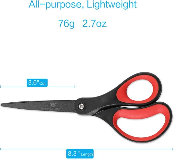 LIVINGO 2 Pack 8" Titanium Non-Stick Scissors, Professional Stainless Steel Comfort Grip, All-Purpose, Straight Office Craft Scissors for DIY(Red/Black) - Image 2