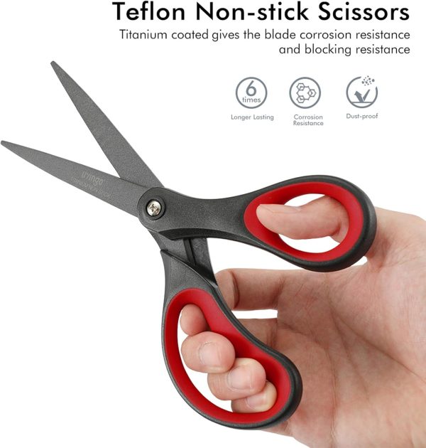 LIVINGO 2 Pack 8" Titanium Non-Stick Scissors, Professional Stainless Steel Comfort Grip, All-Purpose, Straight Office Craft Scissors for DIY(Red/Black) - Image 4