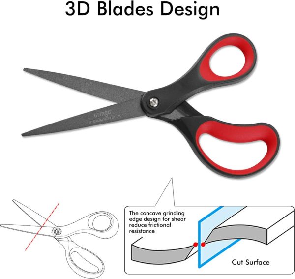 LIVINGO 2 Pack 8" Titanium Non-Stick Scissors, Professional Stainless Steel Comfort Grip, All-Purpose, Straight Office Craft Scissors for DIY(Red/Black) - Image 5