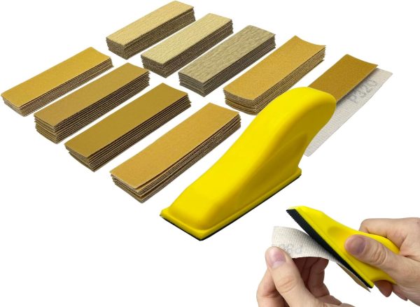 Micro Detail Sander Paper Kit，80PCS Wet Dry Sandpaper-Grit 80 120 180 240 320 400 600 800,3.5”x 1”Hand Sanding Block with Hook and Loop Sanding Strips for Narrow Spaces Polishing